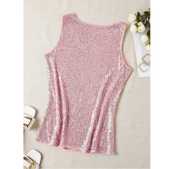 All Over Sequin Pink V-Neck Cami Top - Picture 2 of 5